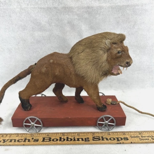 Antique toy lion on wheels pull rare item hairy hide glass eyes 1850 original