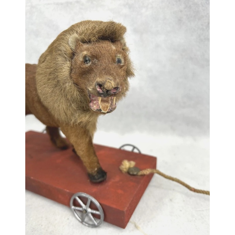 Antique toy lion on wheels pull rare item hairy hide glass eyes 1850 original