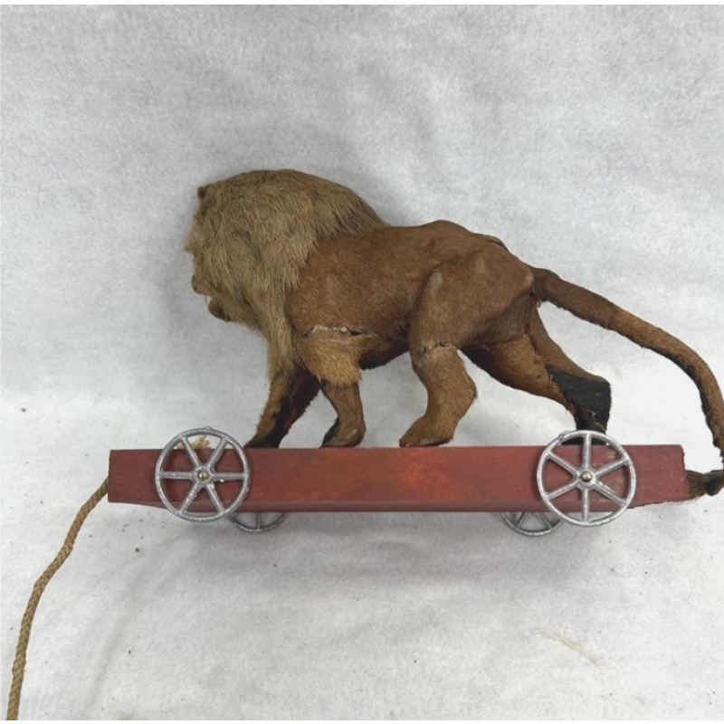 Antique toy lion on wheels pull rare item hairy hide glass eyes 1850 original