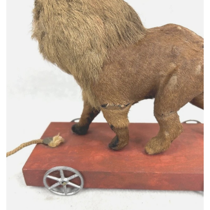 Antique toy lion on wheels pull rare item hairy hide glass eyes 1850 original